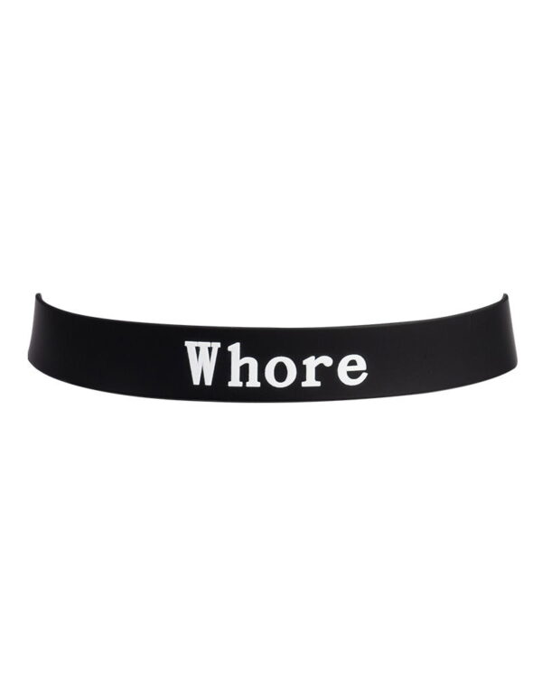 Rimba Latex Play - Halsband met opschrift 'Whore' - Zwart & Wit - Afbeelding 2