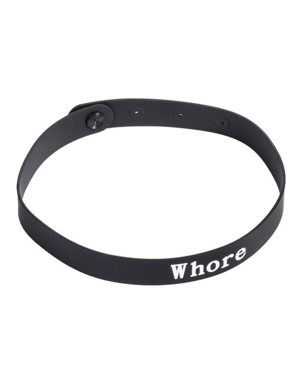 Rimba Latex Play - Halsband met opschrift 'Whore' - Zwart & Wit - Afbeelding 4