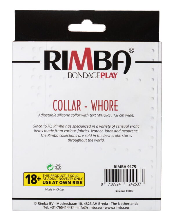 Rimba Latex Play - Halsband met opschrift 'Whore' - Zwart & Wit - Afbeelding 11