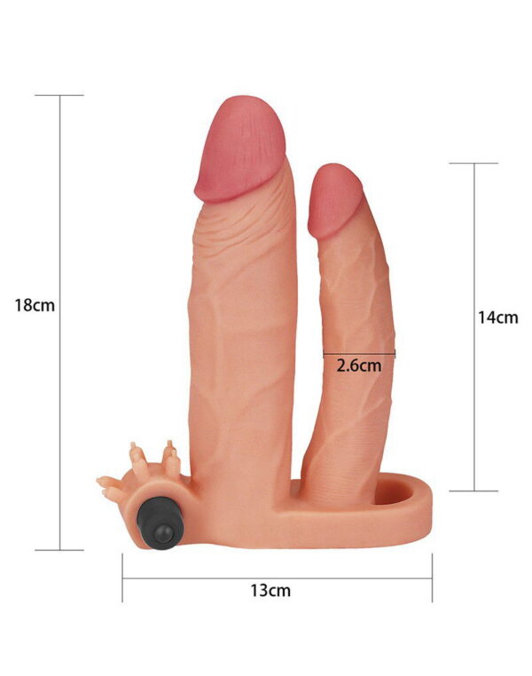 LoveToy - Pleasure X Tender Vibrating Double Penis Sleeve + 5 cm - Nude - Afbeelding 6