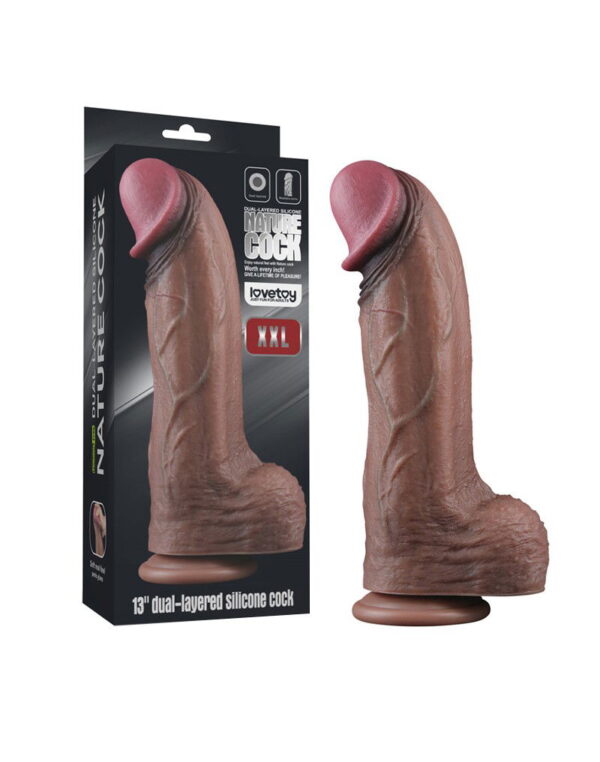 LoveToy - Dubbellaagse siliconen dildo XXL 33 cm (Ø5,5 cm) - Bruin - Afbeelding 2