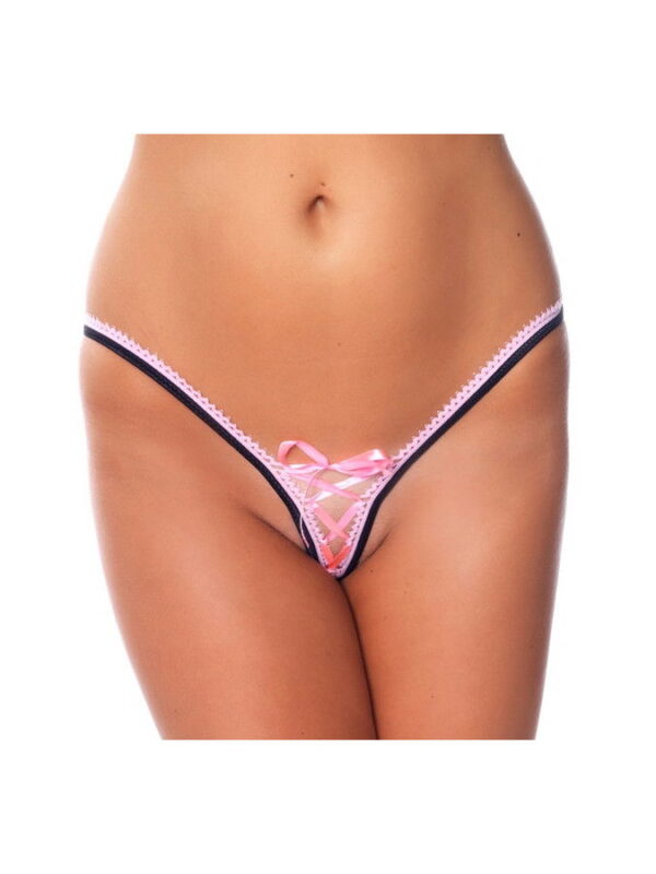 Amorable by Rimba - G-string met veter - One Size - Zwart / Roze