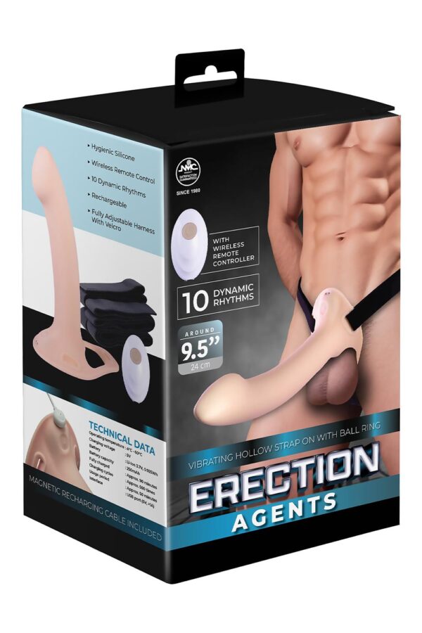 NMC 9.5 INCH RECHARGEABLE SILICONE VIBRATION HOLLOW STRAP ON WITH BALL RING FLESH