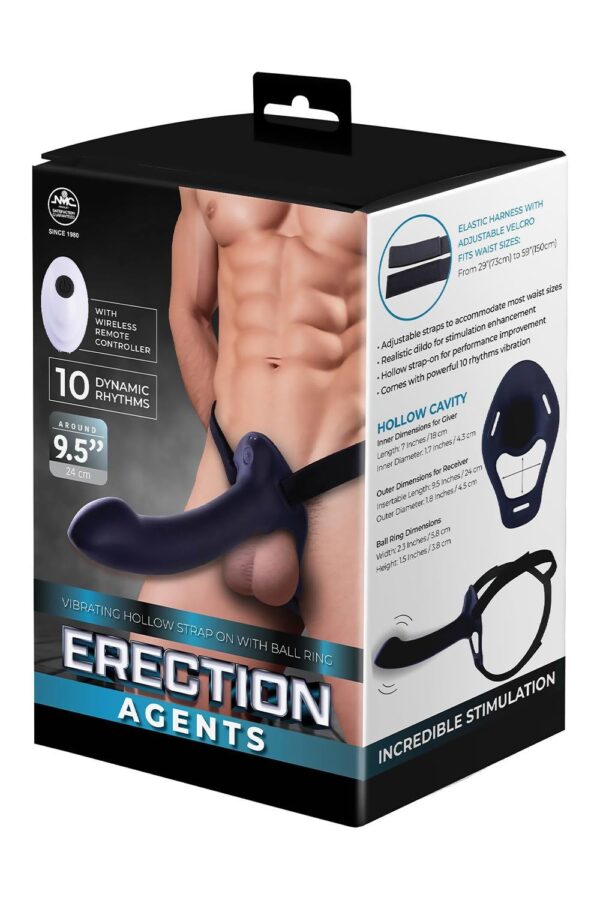 NMC 9.5 INCH RECHARGEABLE SILICONE VIBRATION HOLLOW STRAP ON WITH BALL RING BLACK